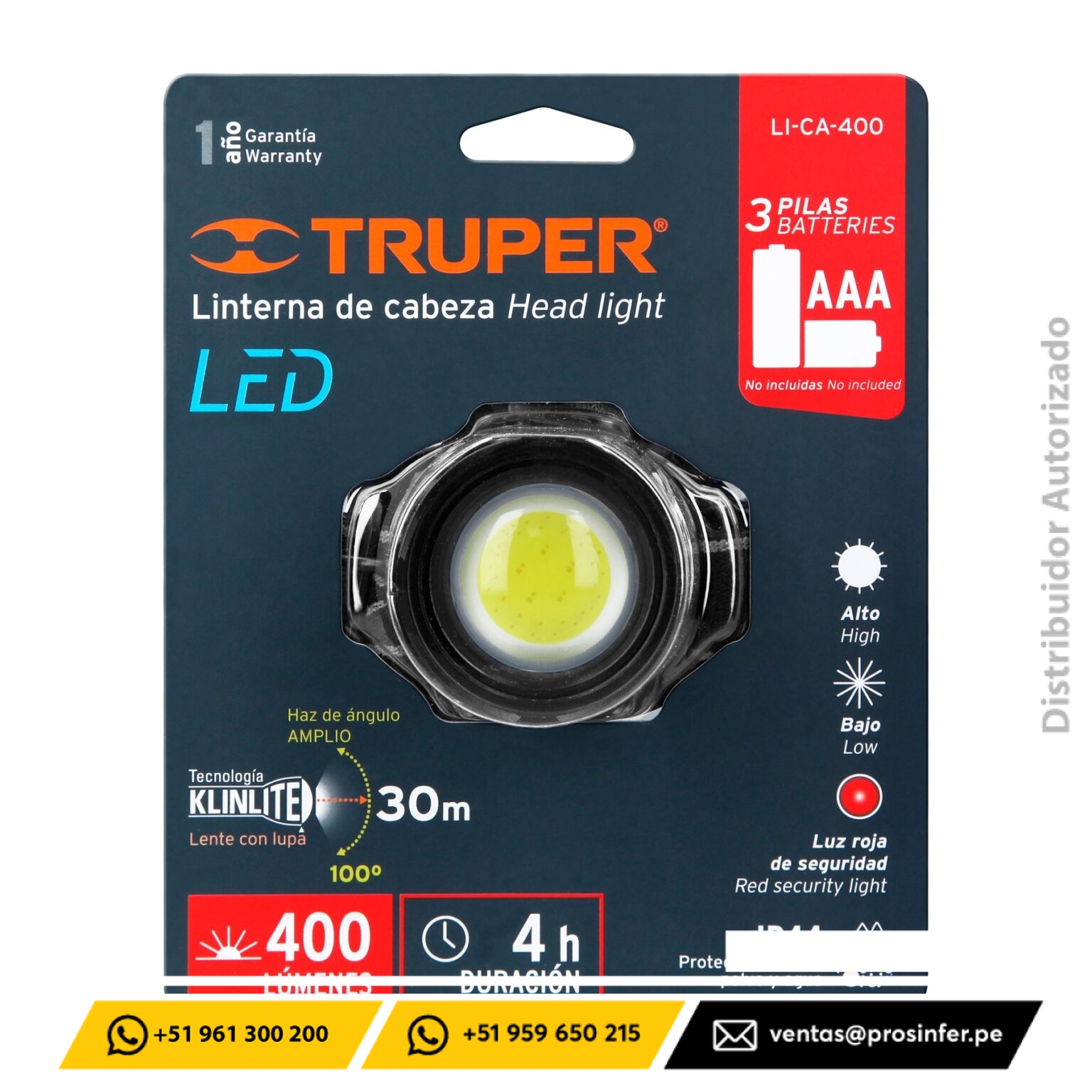 Linterna frontal 400 lumens Truper 11799 en Perú - Prosinfer