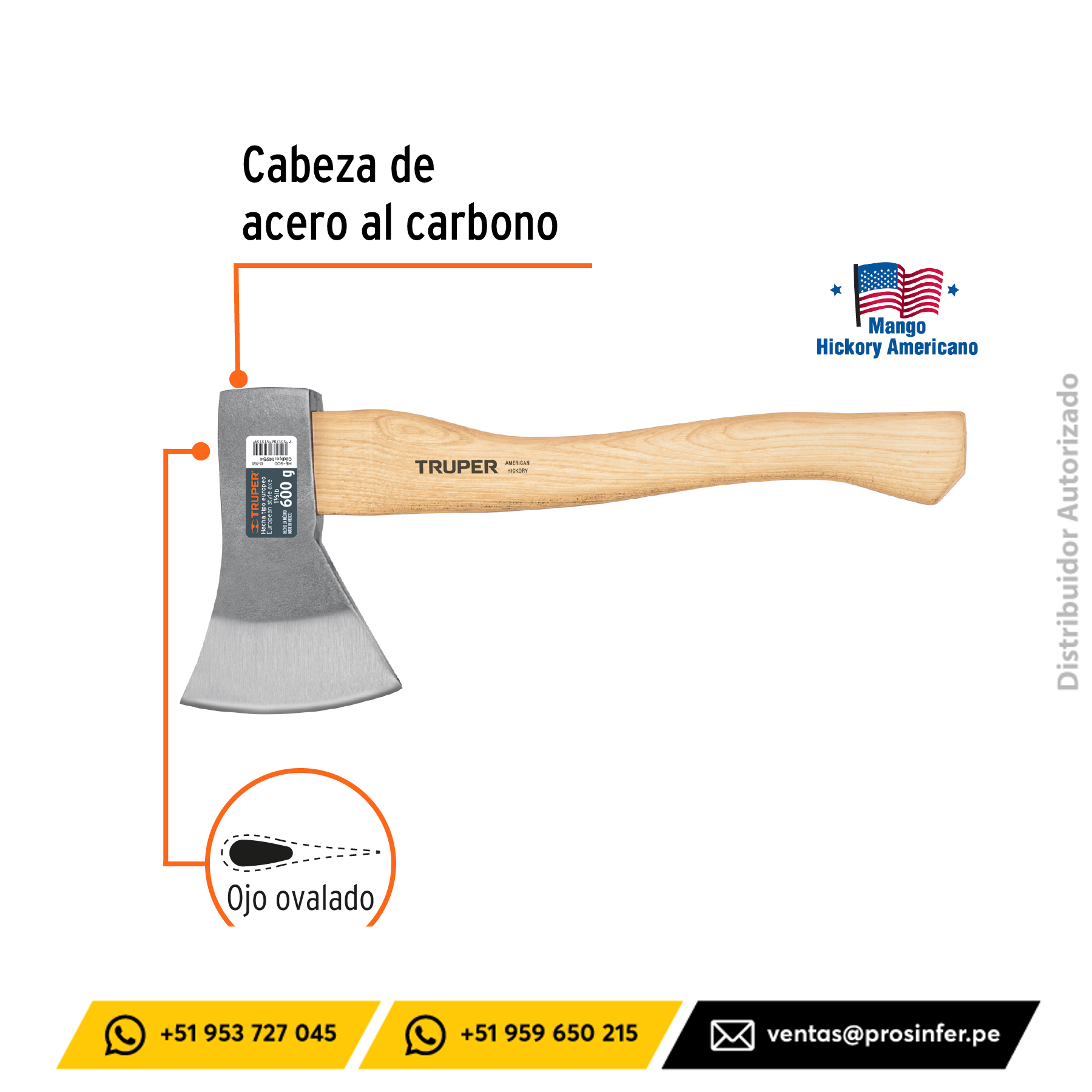 Hacha europea 600 g, mango hickory 14" Truper 14954