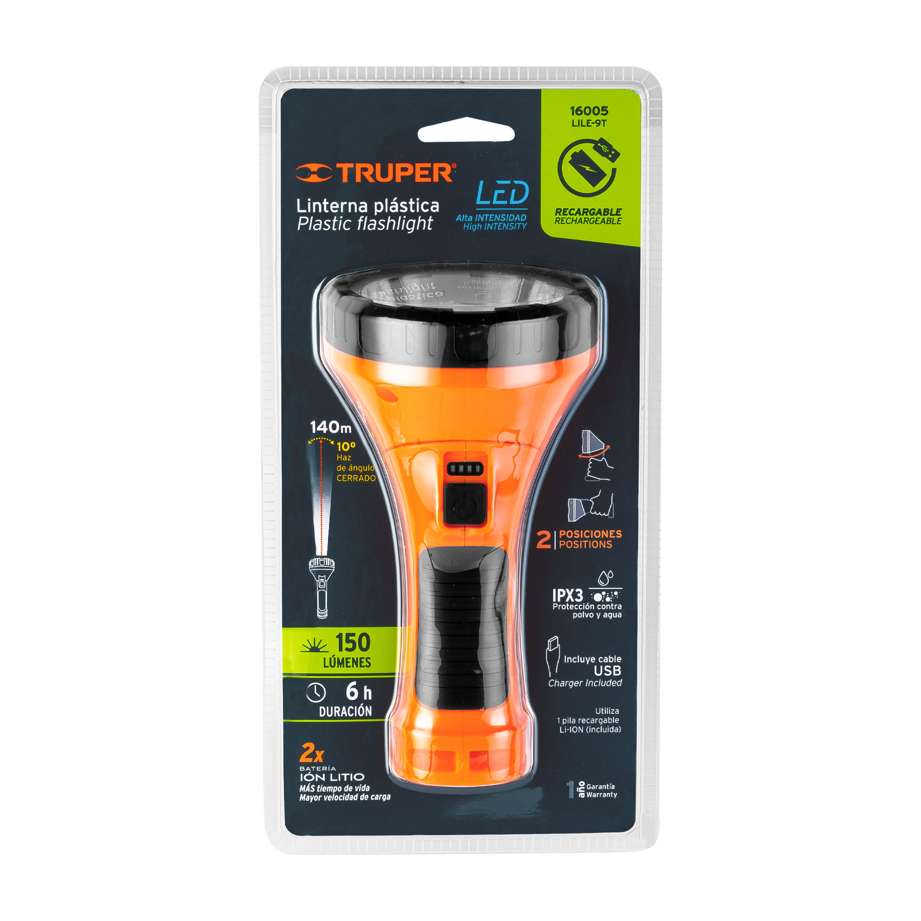 Linterna Plástica 1 Led 150 lm Recargable Truper 16005