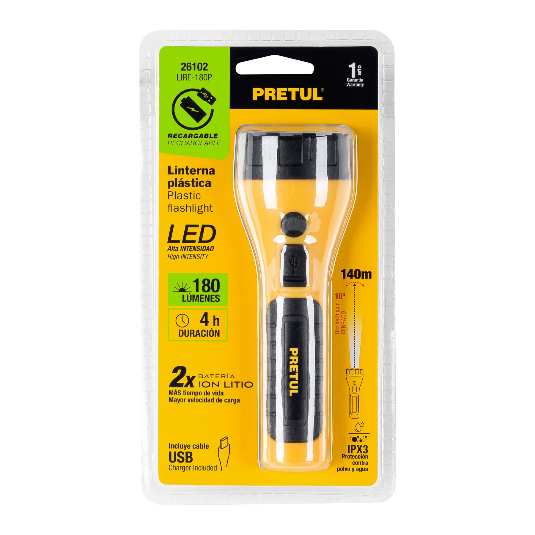 Linterna Plástica Recargable de Led 180 lm Pretul 26102