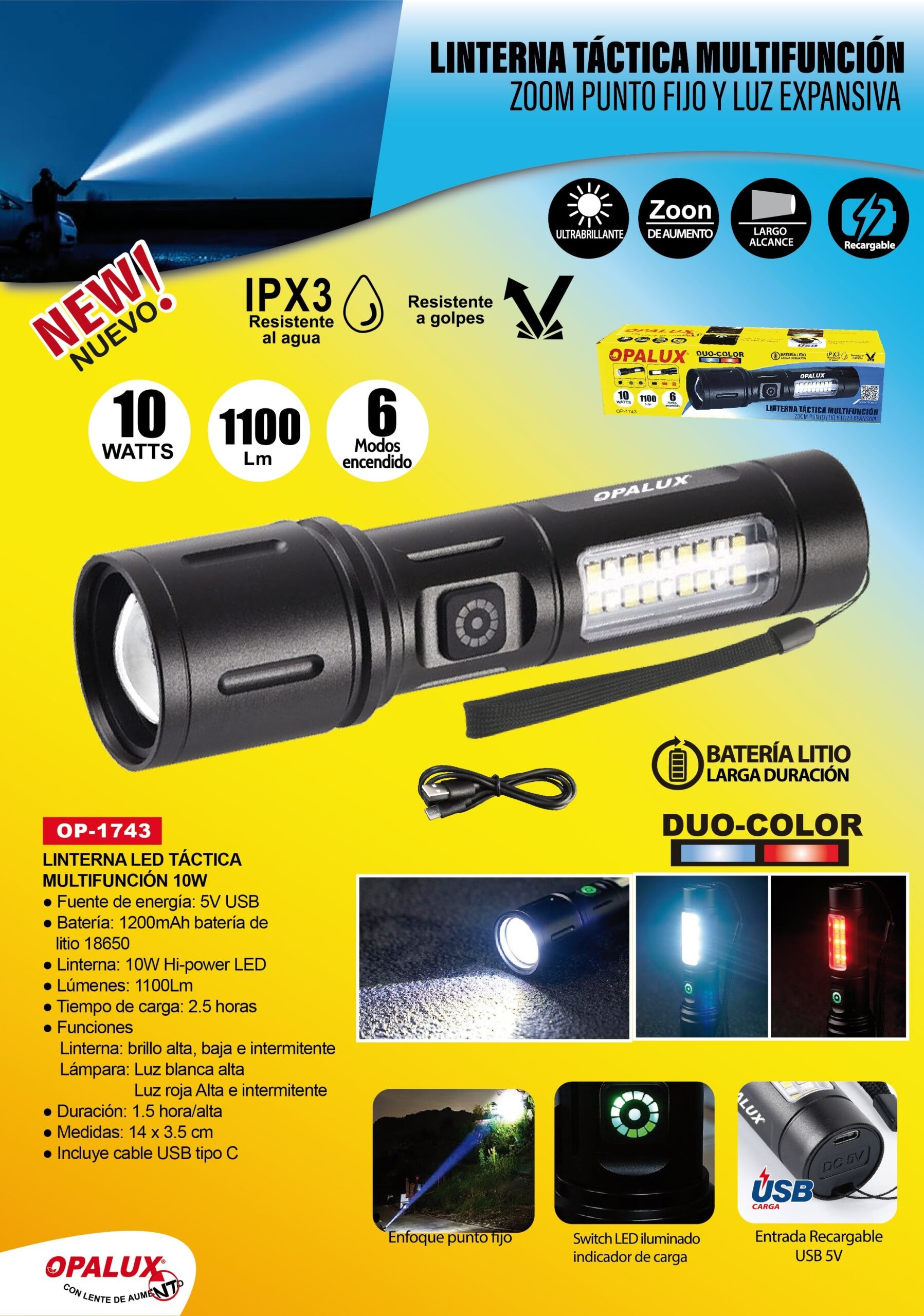 Linterna Multifunción Recargable 10W Opalux OP-1743